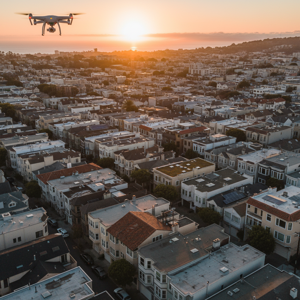 Drone aerial view of San Francisco Bay Area residential neighborhoods
