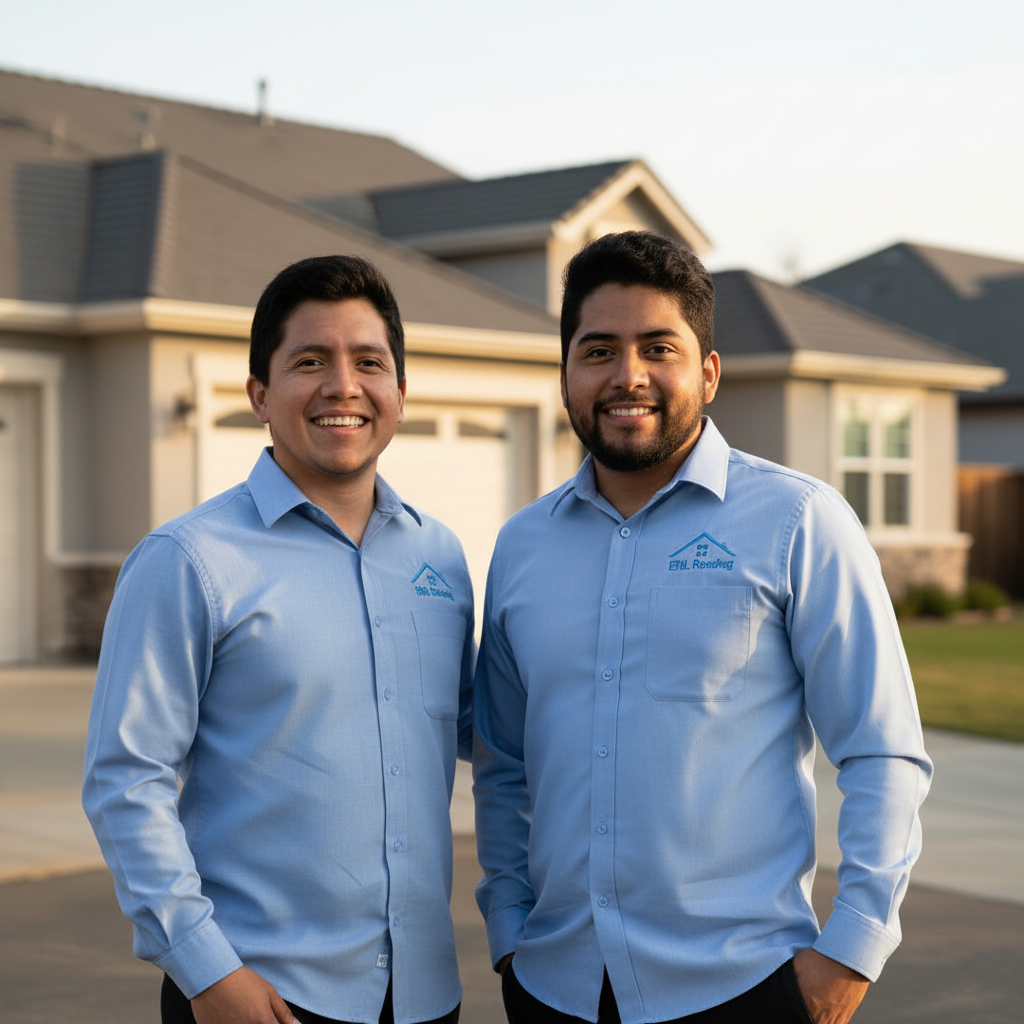 Lester Herrera and Enmanuel Herrera, Co-Founders of EHL Roofing, standing in front of a residential home